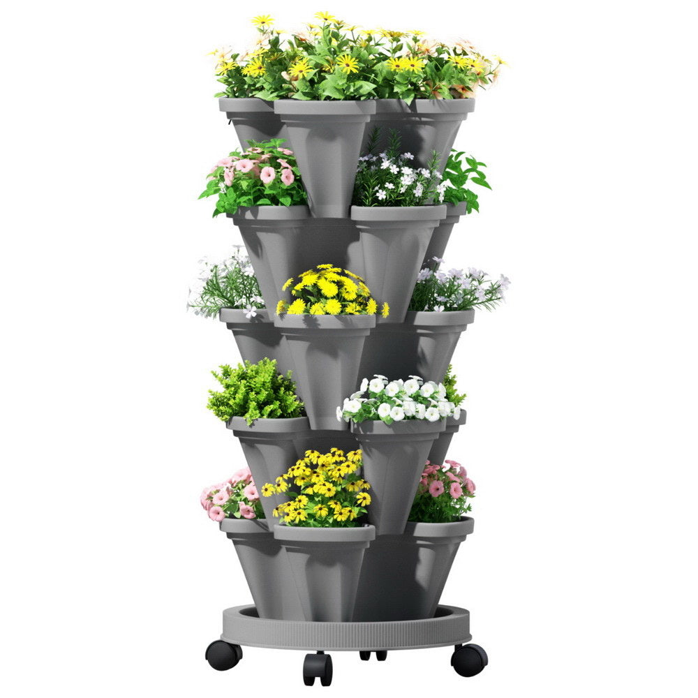 Green Fingers Raised Garden Bed 5 Tier Vertical Garden Grey Strawberry Stackable Planters Herbs Petunias 