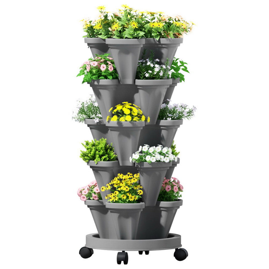 Green Fingers Raised Garden Bed 5 Tier Vertical Garden Grey Strawberry Stackable Planters Herbs Petunias 