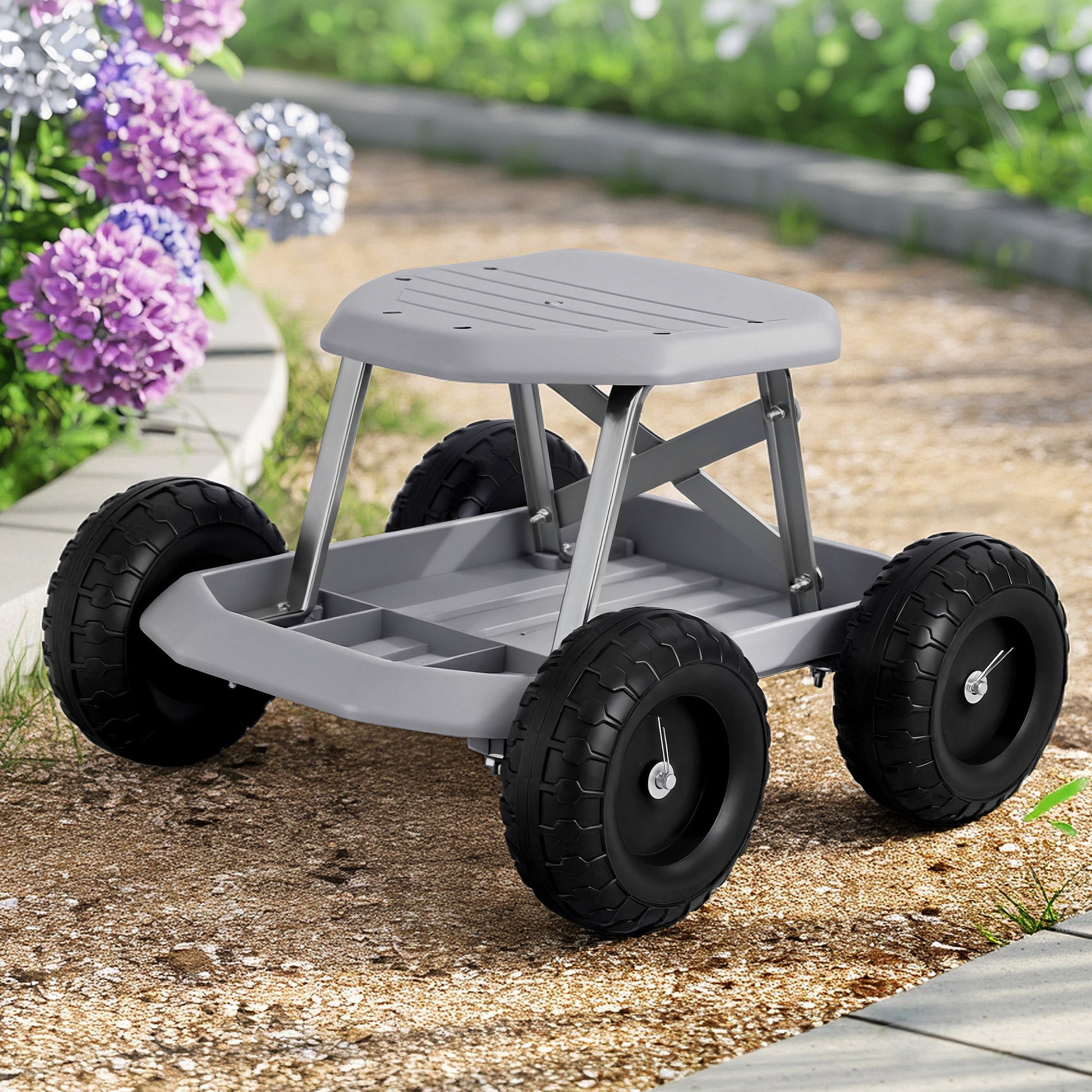 Gardeon Garden Cart Seat with Wheels, Rolling Work Stool with Tool Storage Tray, 440lbs (200kg) Heavy Duty Capacity Garden Stool for Outdoor Yard Work, Car Detailing, and Garage Maintenance, Grey/Black