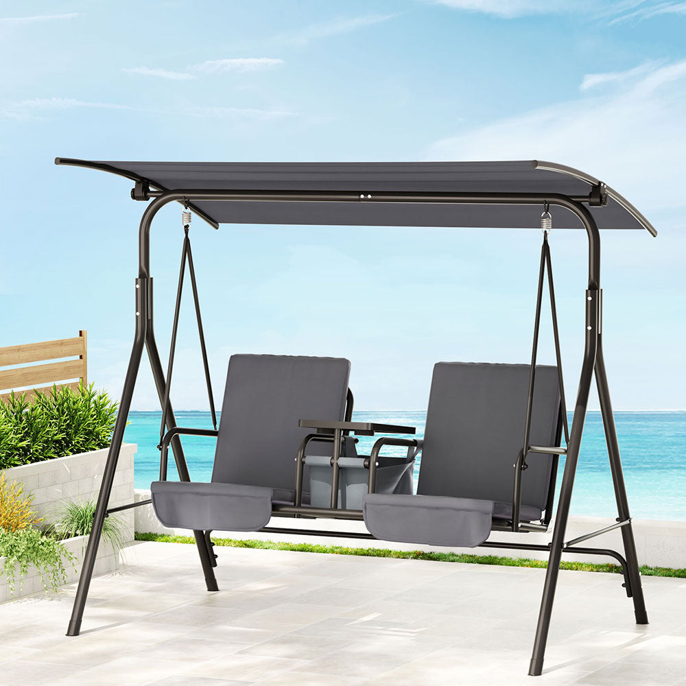 Gardeon Outdoor Swing Chair Garden Chair Canopy Cup Holder 2 Seater Grey
