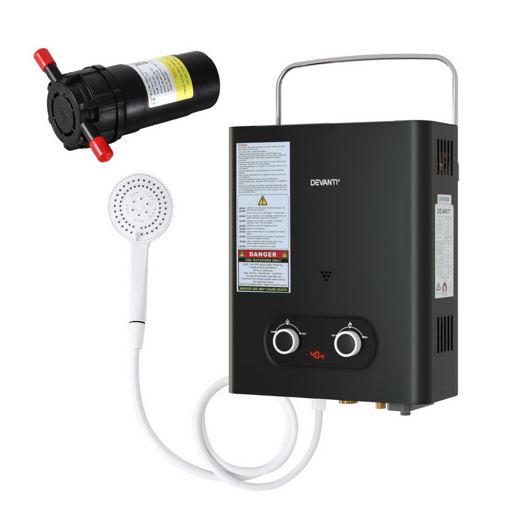 Devanti Portable Gas Water Heater LPG-powered System Black With Pump