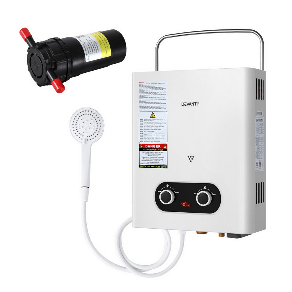 Devanti Portable Gas Water Heater LPG-powered System White With Pump