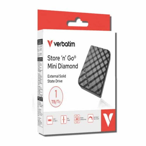 Verbatim 32025 Storeâ€™nâ€™Go Mini Diamond SSD USB-C 1TB, USB 3.2 Gen 2, 1000MB/s Read/Write, USB Flash Drive, External SSD