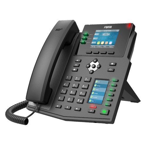 Fanvil X4U enterprise IP phone, 12 SIP lines, dual color displays, Gigabit Ethernet, PoE, 6-way conferencing, DSS keys, Wi-Fi/BT support