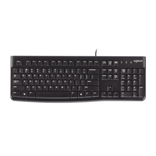 Logitech K120 Wired Keyboard Quiet typing Spill-resistant Durable keys Thin profile Curved space bar Adjustable tilt legs