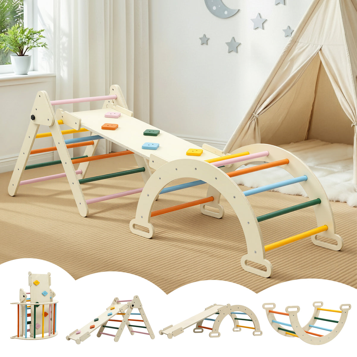 Keezi Kids Triangle Climbing Toys Set With Slide Indoor Outdoor Toddler Toys Pikler Climber With Arch