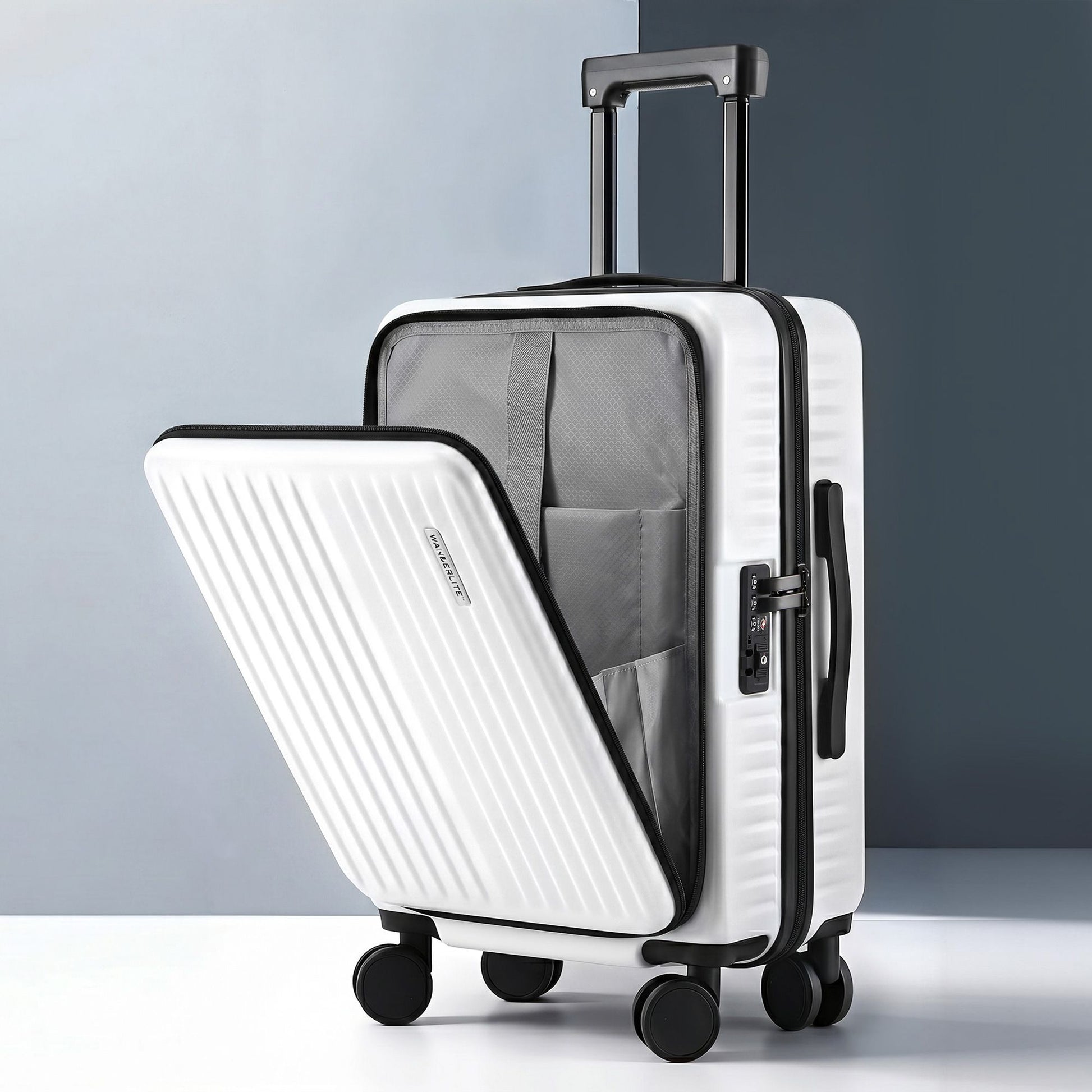 Wanderlite 20" Luggage Suitcase Front Pocket Travel Carry On Dual TSA White