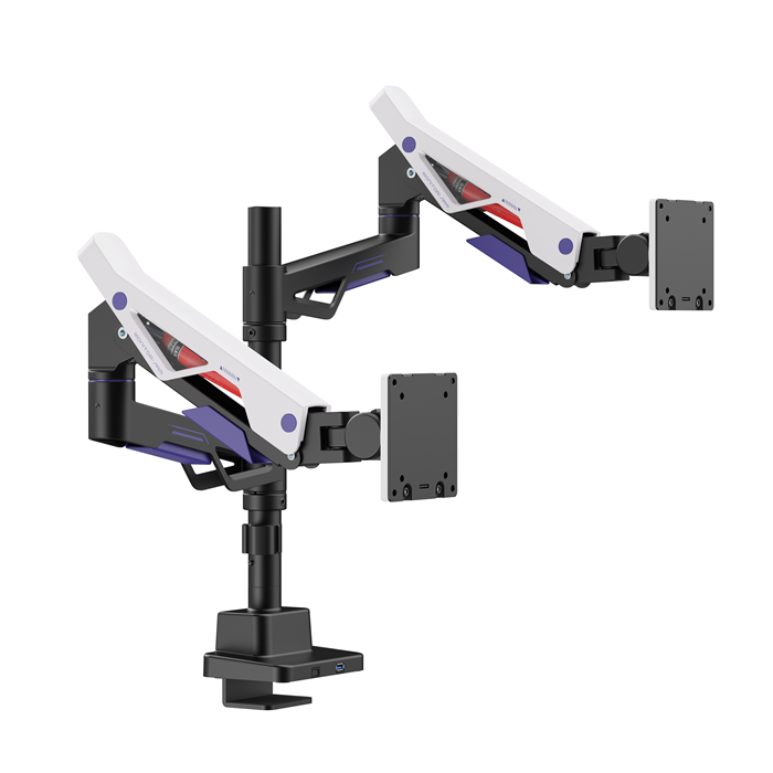 Brateck LDT95-C024UCP Atlas Neo Gaming Pole-Mounted Dual Monitor Arm with USB-A & USB-C Ports For most 24'~57' Monitors, Matte Black & White (LS)
