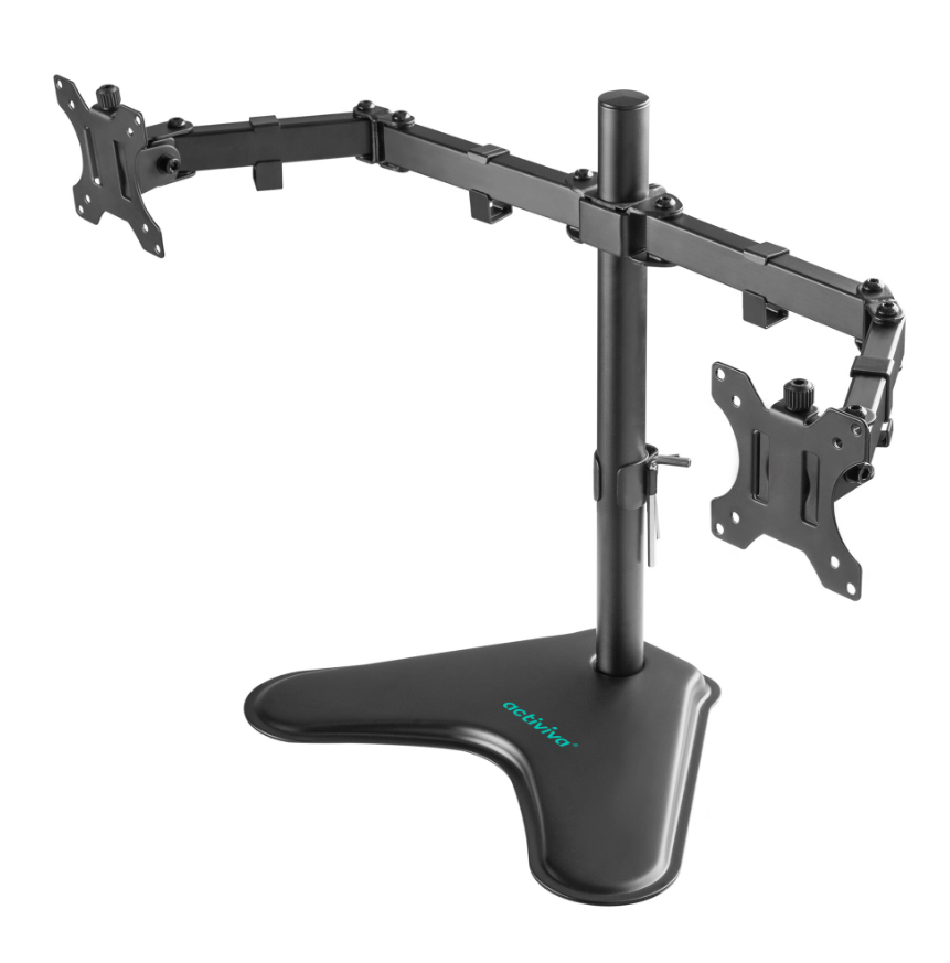 mbeatÂ® activiva Dual-Screen Articulating Monitor Arm with Free-Standing Desktop Base provides perfect solution for ergonomic comfort and workspace(LS)