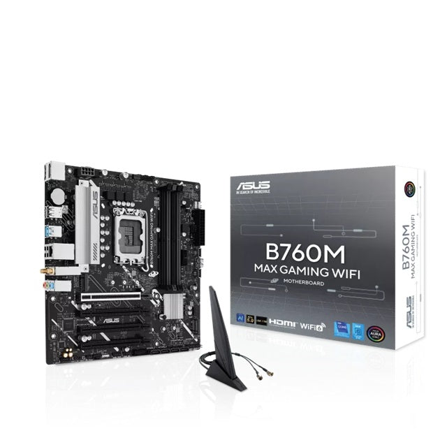 ASUS B760M MAX GAMING WIFI Intel LGA1700 mATX Motherboard Up to 192GB DDR5 (4x Slots), 1 x PCIe 5.0, 3 x M.2, 4 x SATA, WiFi 6, HDMI, DP