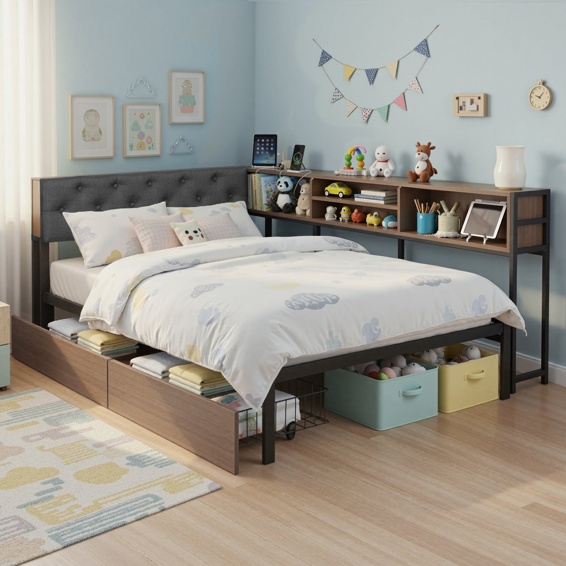 Artiss Bed Frame King Single Size with 2 Drawers and Charging Station Metal Corner Bed Base