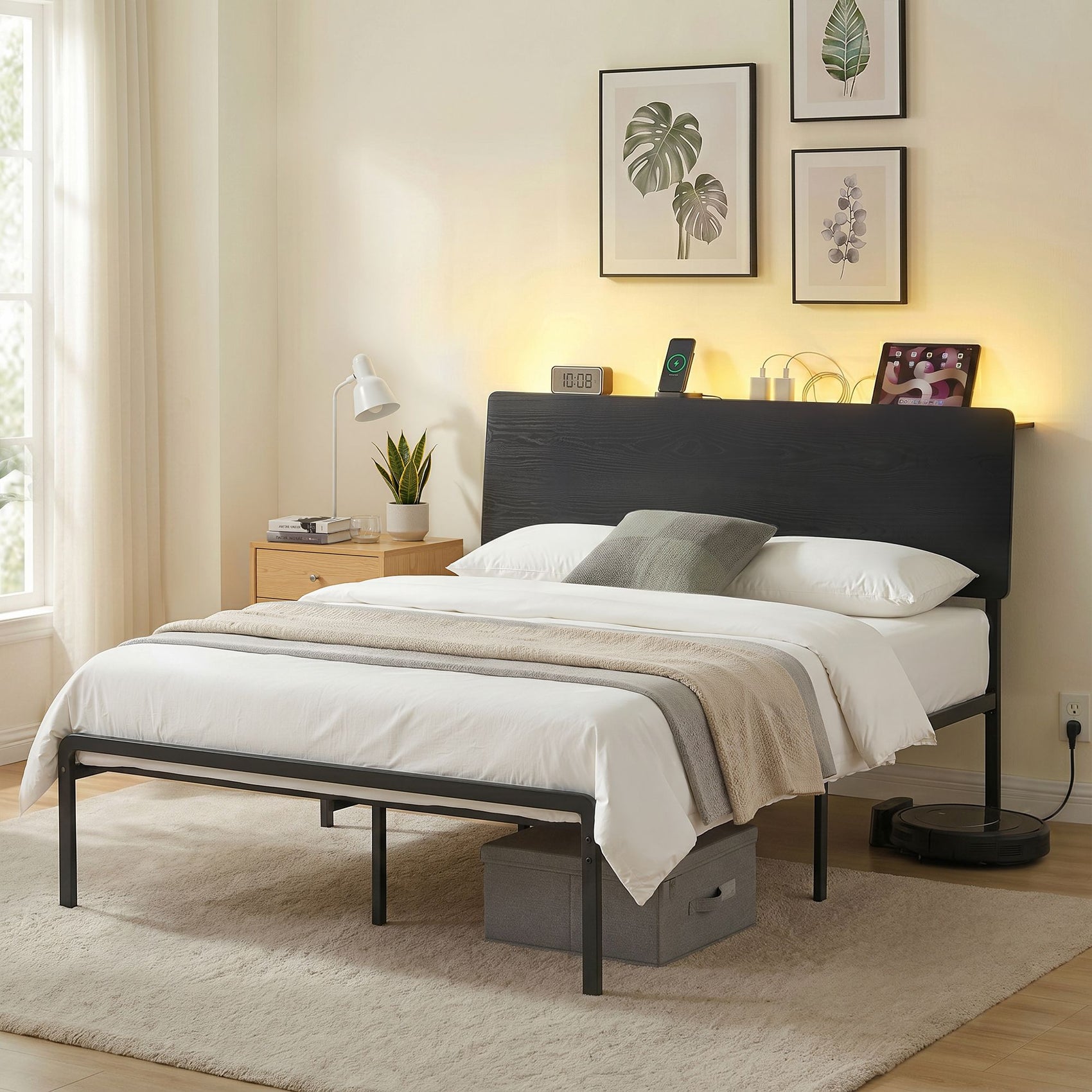 Artiss Bed Frame Queen Size LED Metal Bed Base with Charging Station LAN