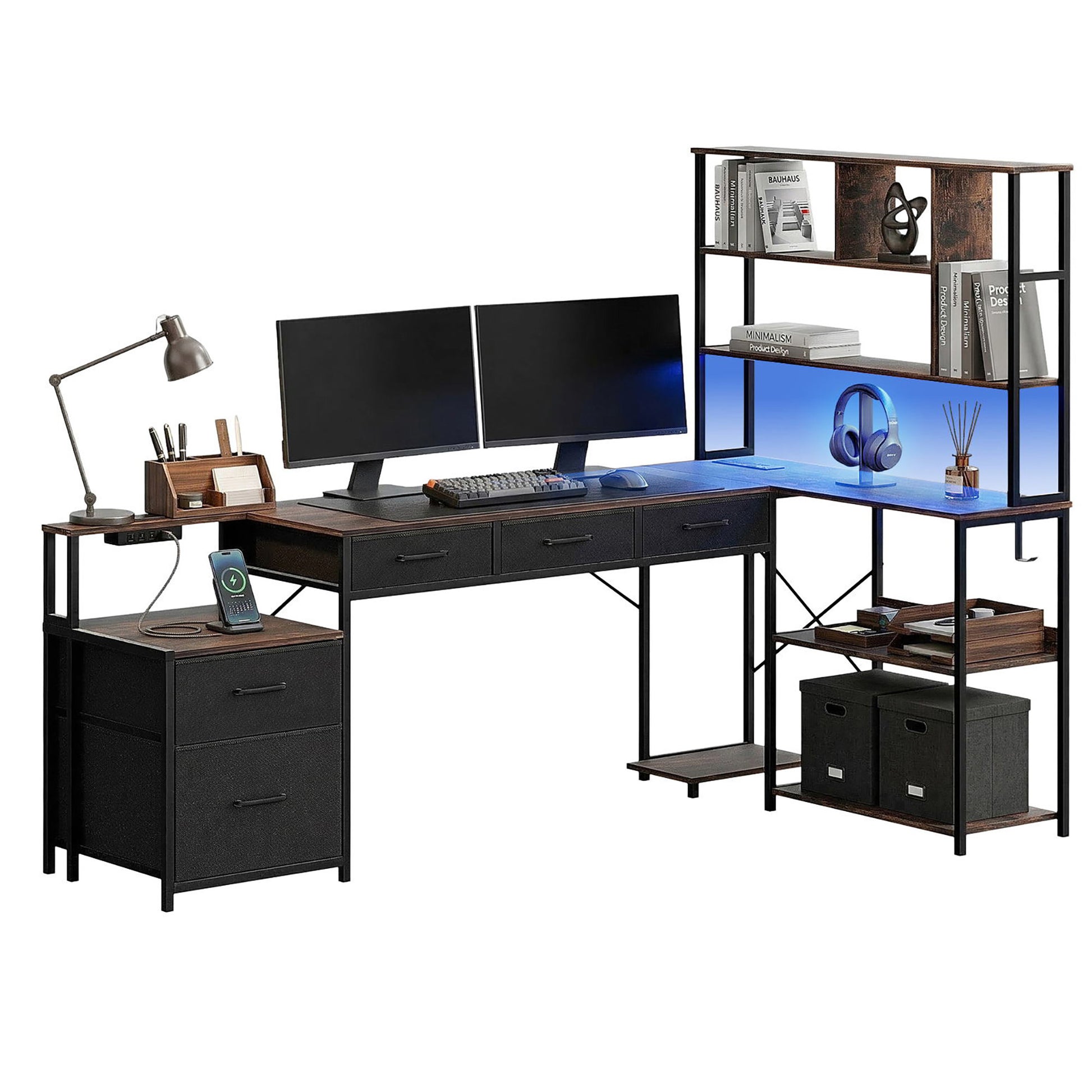 Artiss 200cm L Shaped Gaming Desk Computer Desk with LED Lights & Power Outlets