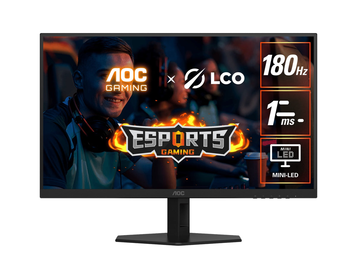 AOC 27' QD-MiniLED Monitor â€“ QHD 180Hz, 1ms, 5000:1 contrast, 1200 nits peak HDR, Quantum Dot VA, 148% sRGB, DP 1.4, HDMI 2.0, tilt adjusable