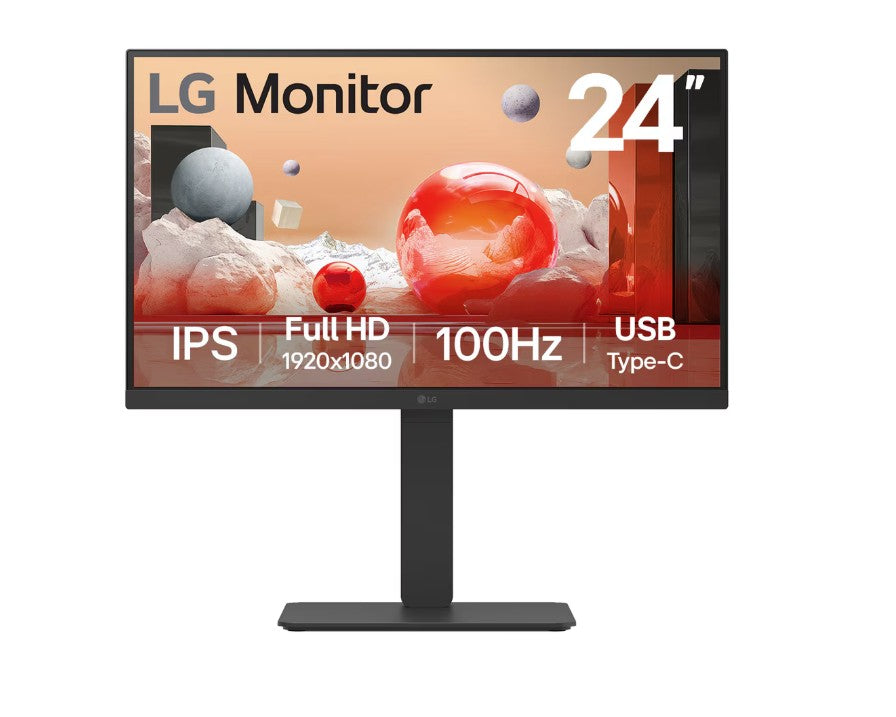 LG 24' Full HD IPS 100Hz Monitor, 1920x1080, Built-in Power&Speaker, USB-C 65W PD, RJ45, sRGB 99%, 5ms, 16:9, versatile stand Tilt/Height/Swivel/Pivot
