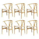 1 Set of 6 Artiss Dining Chairs Wooden Rattan Seat Wishbone Back