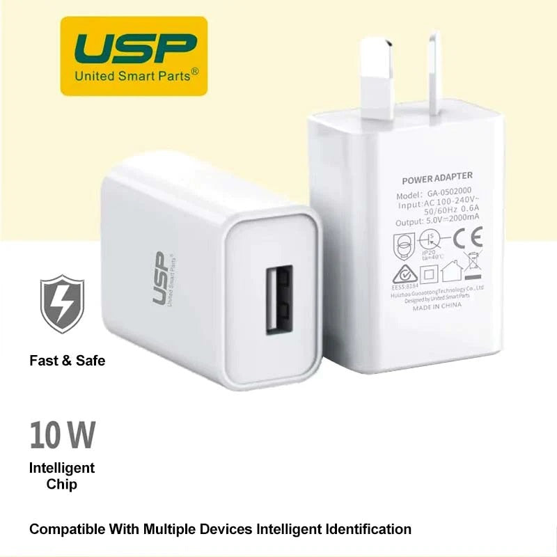 USP 10W USB-A Fast Wall Charger - White, Intelligent Chip, Smart Charging, Output Voltage DC5V/3A, Output Current 2A max, 5 Years Warranty