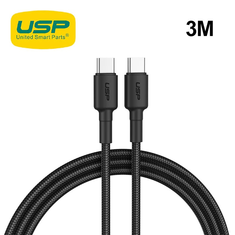 USP BoostUp Cafule Braided USB-C to USB-C Cable (3M) Black - 3A, Strong & Durable, Bend-resistant, Nylon Braid, USB-C Compatibility, 5 Years Warranty
