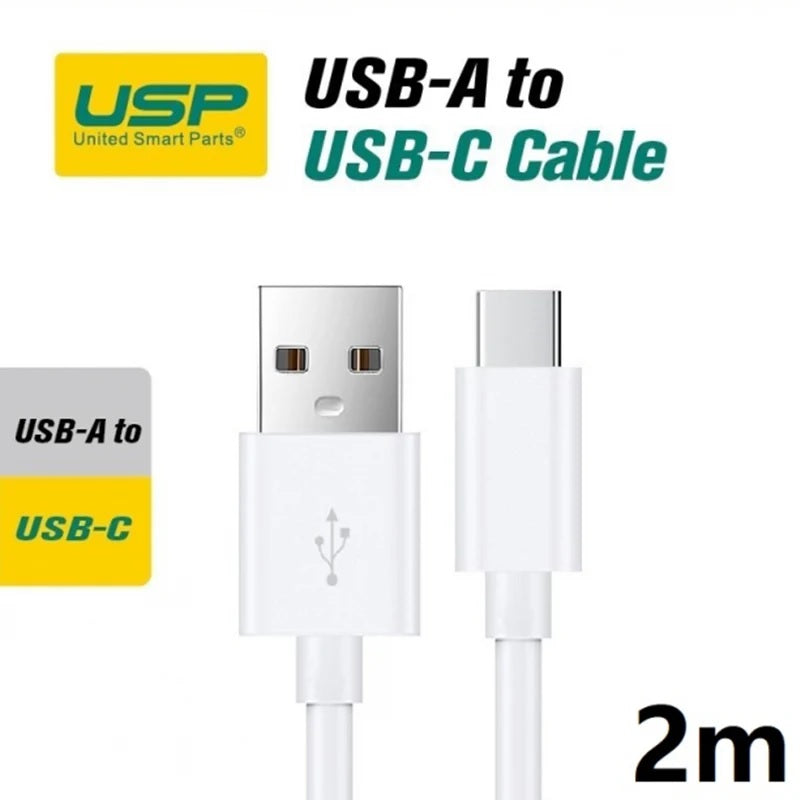USP USB-C to USB-A Cable (2M) White - 3A, Durable, Fast Charge, High Quality, Samsung Galaxy, iPad, MacBook, Google, OPPO, Nokia, 5 Years Warranty