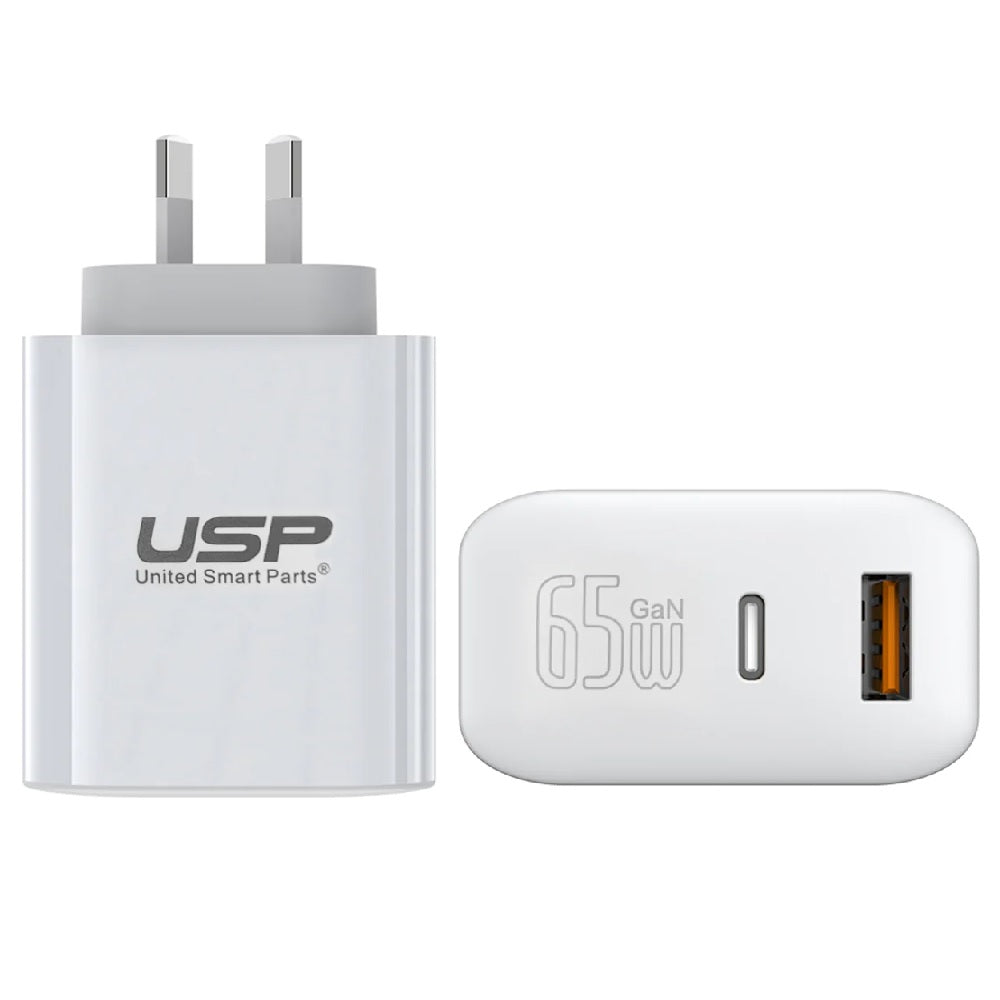 USP 65W Dual Port GaN Fast Wall Charger - White, 1xUSB-C(65W PD), 1xUSB-A(18W QC 3.0), Intelligent PPS Technology, 5 Years Warranty