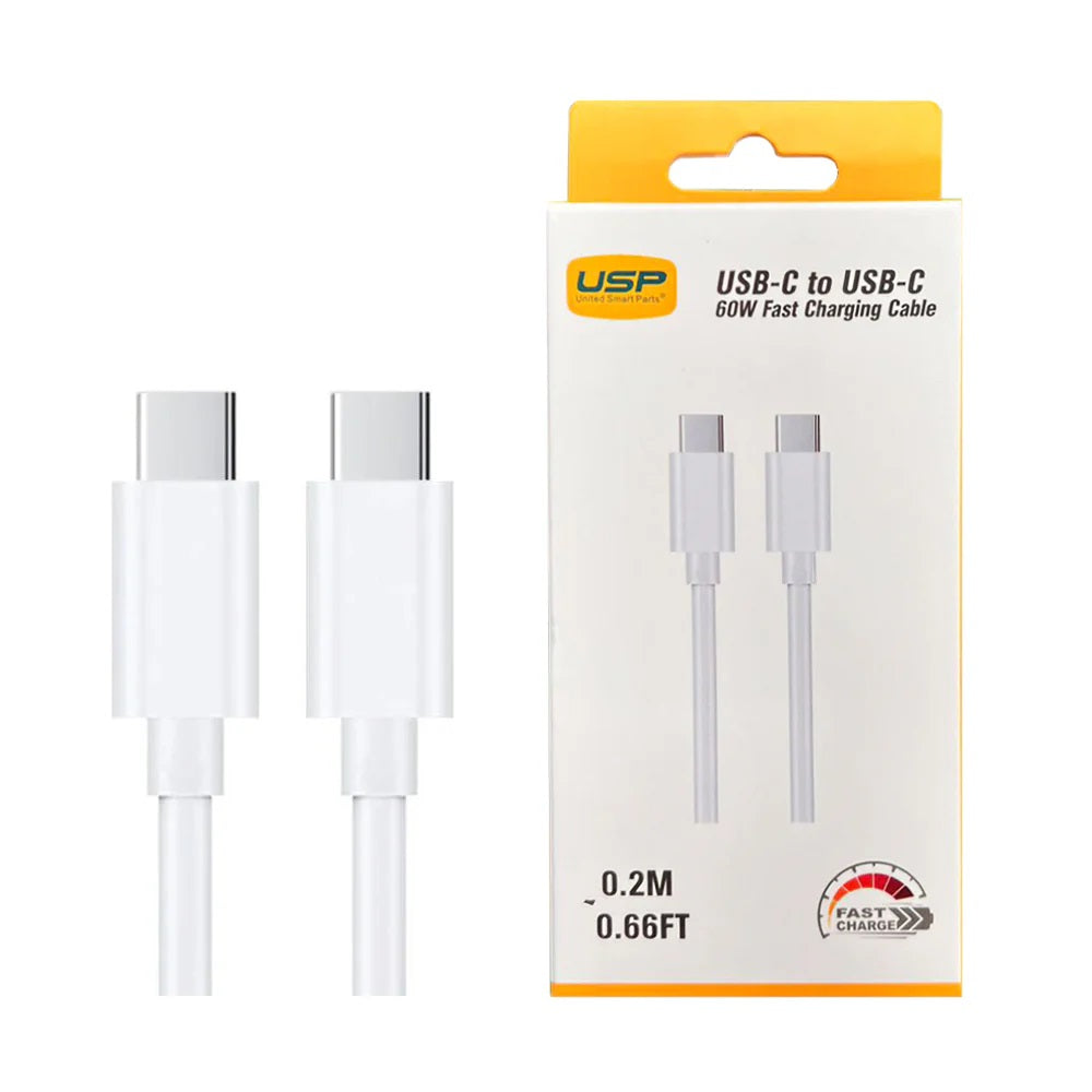 USP USB-C to USB-C 60W Mini Cable (0.2M) White - High Performance,Durable, High Speed, Samsung Galaxy, Apple iPhone, iPad, MacBook, 5 Years Warranty
