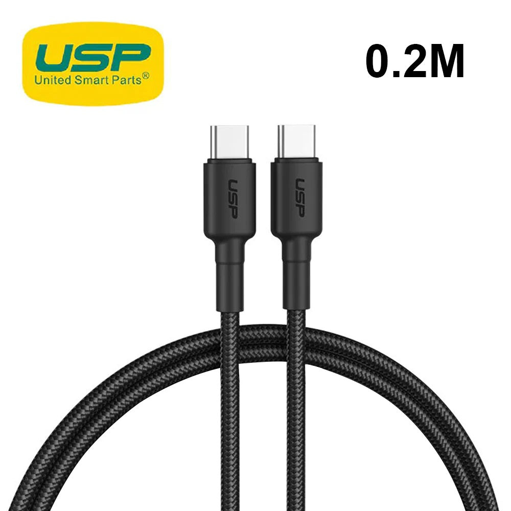 USP BoostUp Braided USB-C to USB-C Cable (0.2M) Black-3A/60W, Fast & Safe Charge,Samsung Galaxy,Apple iPhone,iPad,MacBook,Google,OPPO,5 Years Warranty