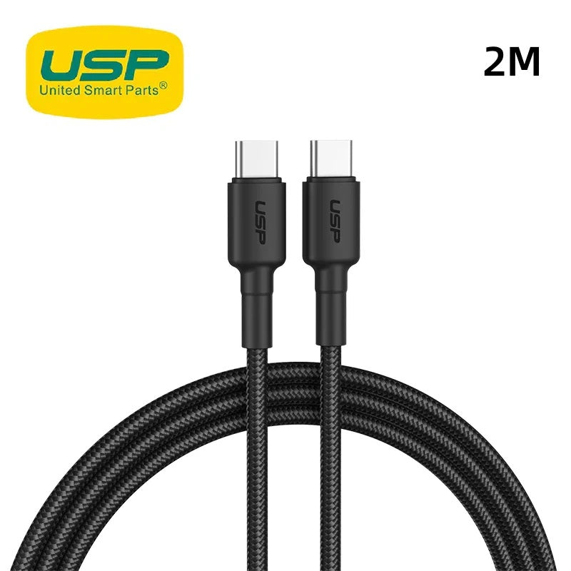USP BoostUp Braided USB-C to USB-C Cable (2M) Black -3A/60W, Fast & Safe Charge,Samsung Galaxy,Apple iPhone,iPad,MacBook,Google,OPPO, 5 Years Warranty