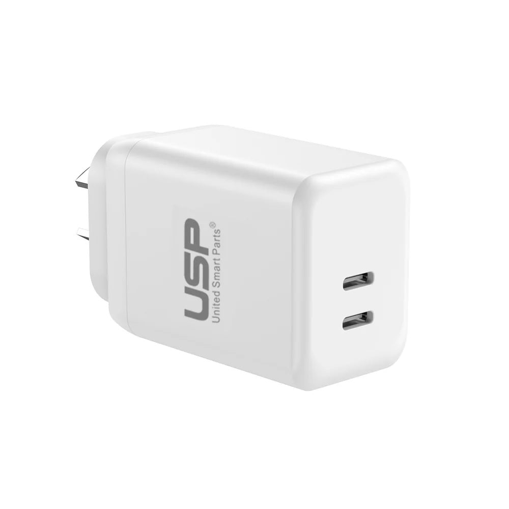 USP 45W Dual Port USB-C PD GaN Fast Wall Charger - White, Charge Two Device Simultaneously,Compact and Lightweight, 5 Years Warranty