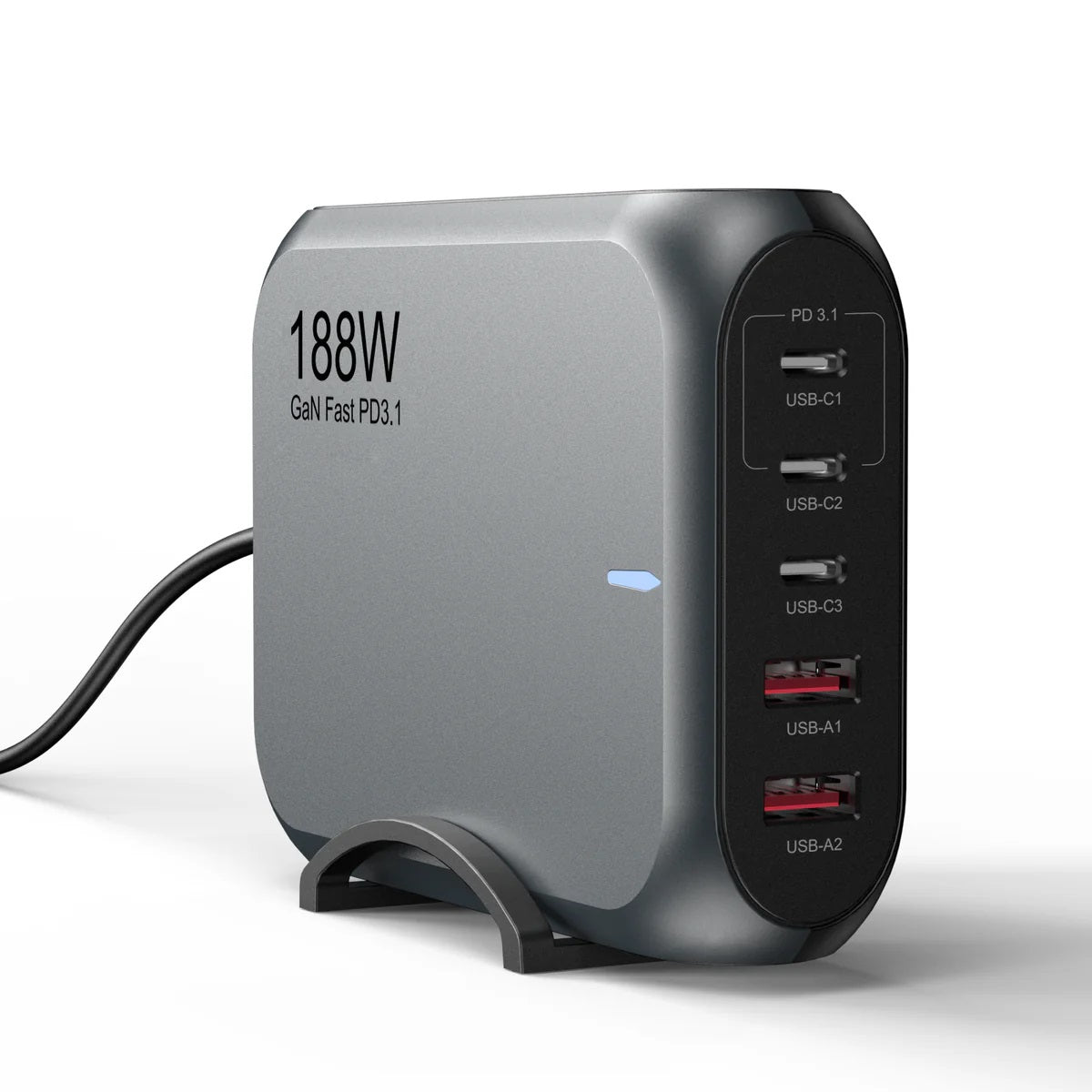 USP 188W GaN 5 Ports USB-C PD Laptop Wall Charger Black - 3x USB-C, 2x USB-A, Efficiently, High Quality, Tablet, Laptop, iPhone, 5 Years Warranty