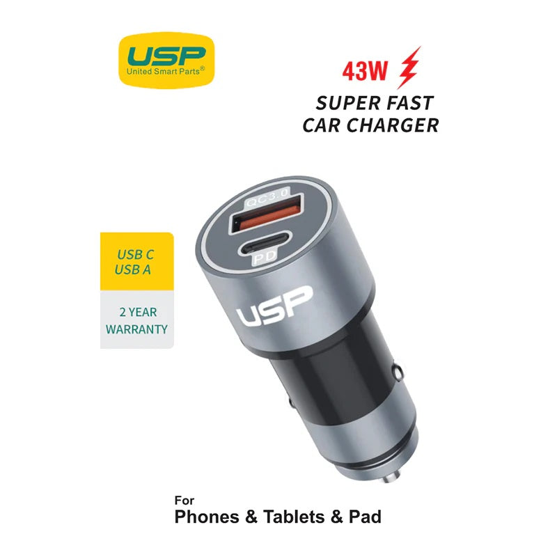 USP 43W Dual Port Car Charger (USB-C PD 25W + USB-A QC 3.0) â€“ Silver, Smart Protection, Dual USB, Fast charging for Samsung & iPhone, 5 Years Warranty