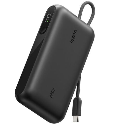 Belkin UltraCharge 10K mAh Power Bank & Display w/ Integrated USB-C Cable (20cm)-Black(BPB029fqBK),2xUSB-C(45W),1xUSB-A(18W),$2500 CEW,2-Year Warranty