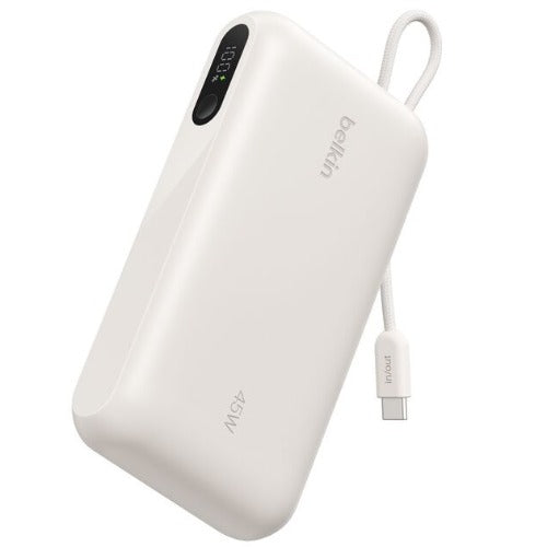 Belkin UltraCharge 10K mAh Power Bank & Display w/ Integrated USB-C Cable (20cm)-Sand(BPB029fqSA),2xUSB-C(45W),1xUSB-A(18W),$2500 CEW,2-Year Warranty