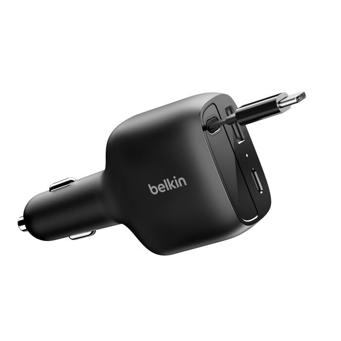 Belkin BoostCharge 75W Retractable Car Charger - Black (CCC001fqBK), Retractable Cable (75CM), 1x USB-A, 1x USB-C,$2500 CEW, 2 Years Warranty