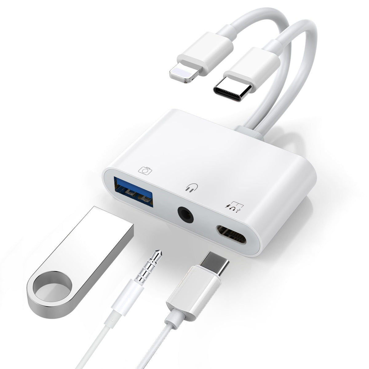 USP Lightning/USB-C to USB Adapter features a USB OTG Port, 3.5mm Headphone Jack & Fast-charging Port, 5 Years Warranty