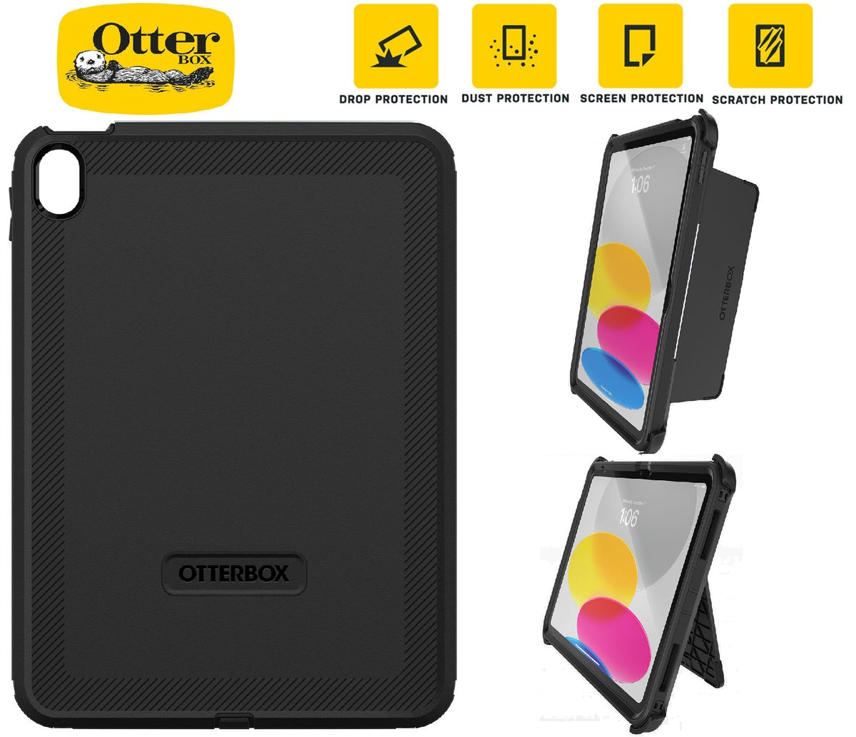 OtterBox Rugged Defender Apple iPad (11') (A16) (11th Gen) / iPad (10.9') (10th Gen) Kickstand Case Black - No Retail Packaging - (77-89955)