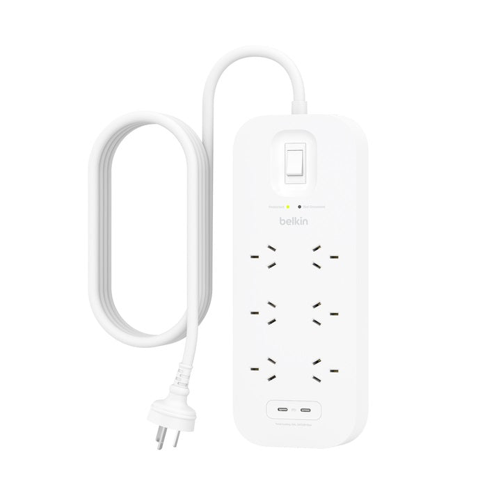 Belkin SurgePro 6-Outlet Surge Protector With Dual USB-C (30W) - White(SRB006AU2M), 2M Power Cord, 650 Joules, $50,000 CEW,  2 Years Warranty