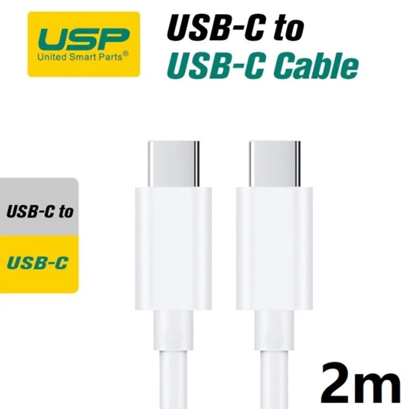 USP USB-C to USB-C Mini Cable (2M) - White, 3A (60W), Fast Charge, High Performance, Samsung Galaxy,Apple iPhone,iPad,MacBook,Google, 5 Years Warranty