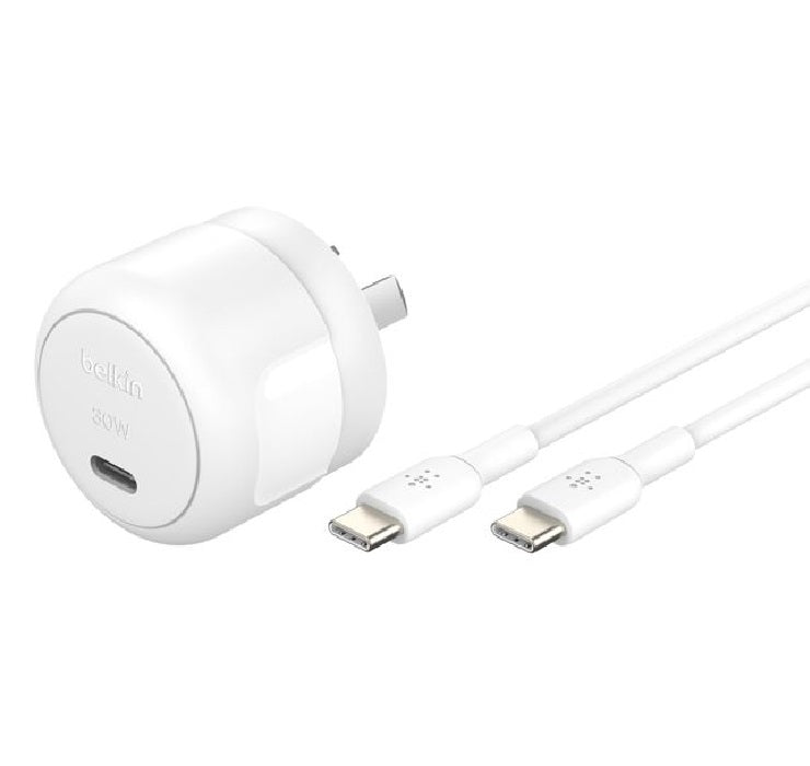 Belkin BoostCharge Compact 30W USB-C (PD 3.1) Wall Charger + USB-C to USB-C Cable (1M) - White (WCA008au1MWH-B6), $2500 CEW, 2 Years Warranty
