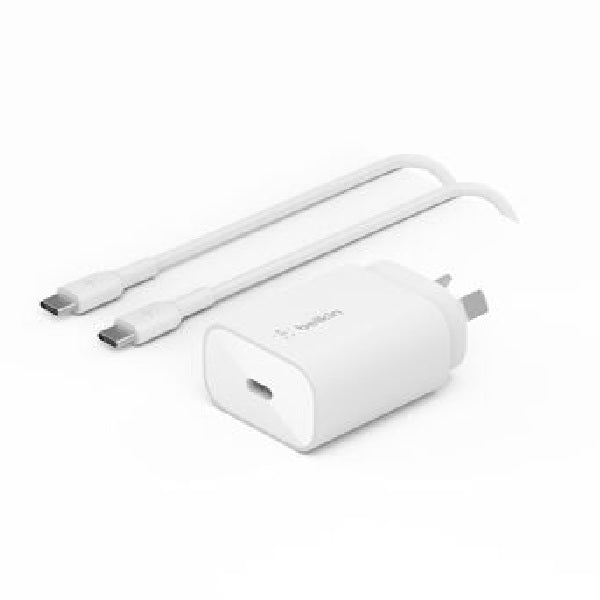 Belkin BoostCharge 25W USB-C Cubic Wall Charger + USB-C to USB-C Cable (1M) - White (WCA012au1MWH-B6), MFI-Certified, $2500 CEW, 2 Years Warranty