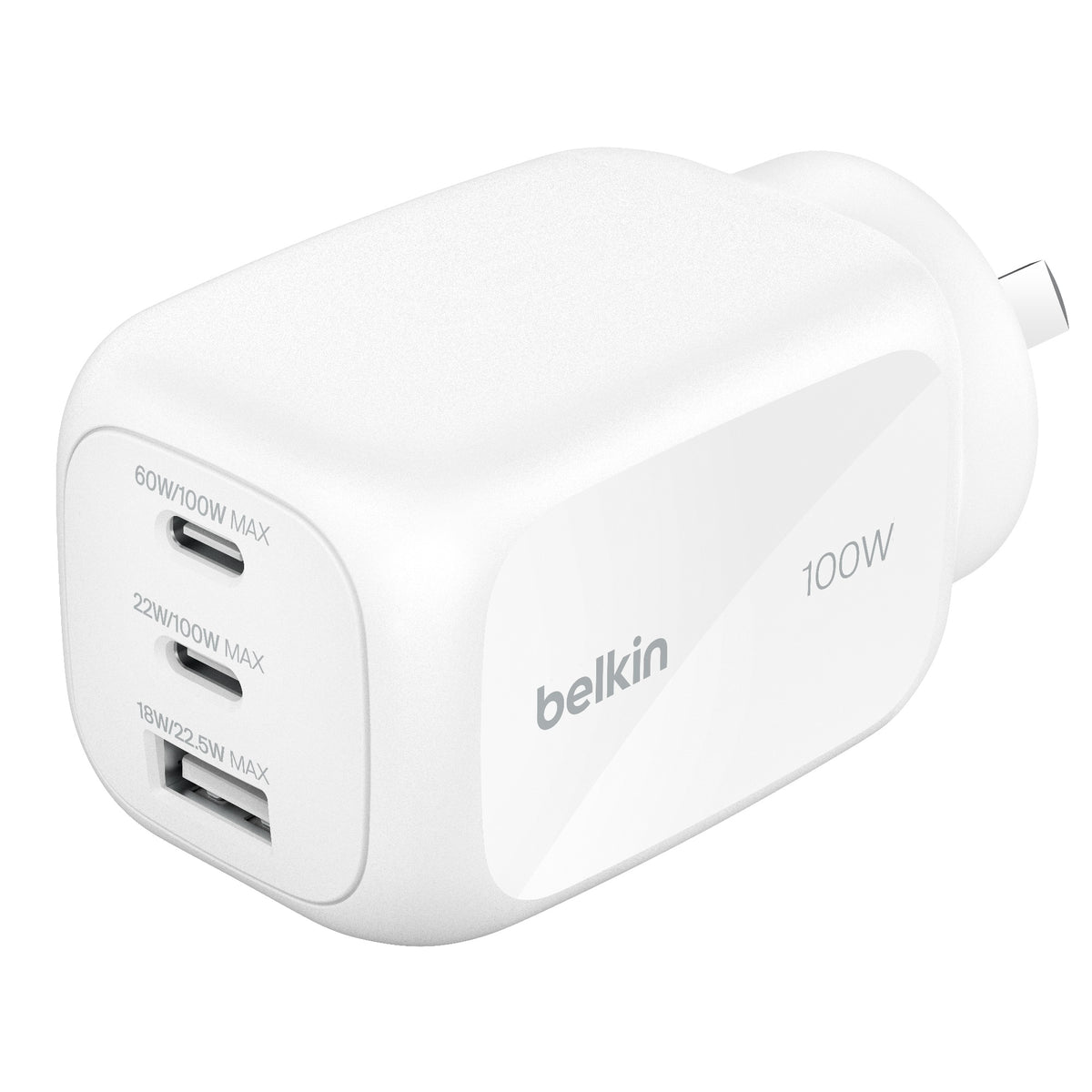 Belkin BoostCharge Pro 100W 3-Port GaN Wall Charger - White (WCH016AUWH), 2x USB-C, 1x USB-A, Compact Laptop Charger, $2500 CEW , 2 Years Warranty