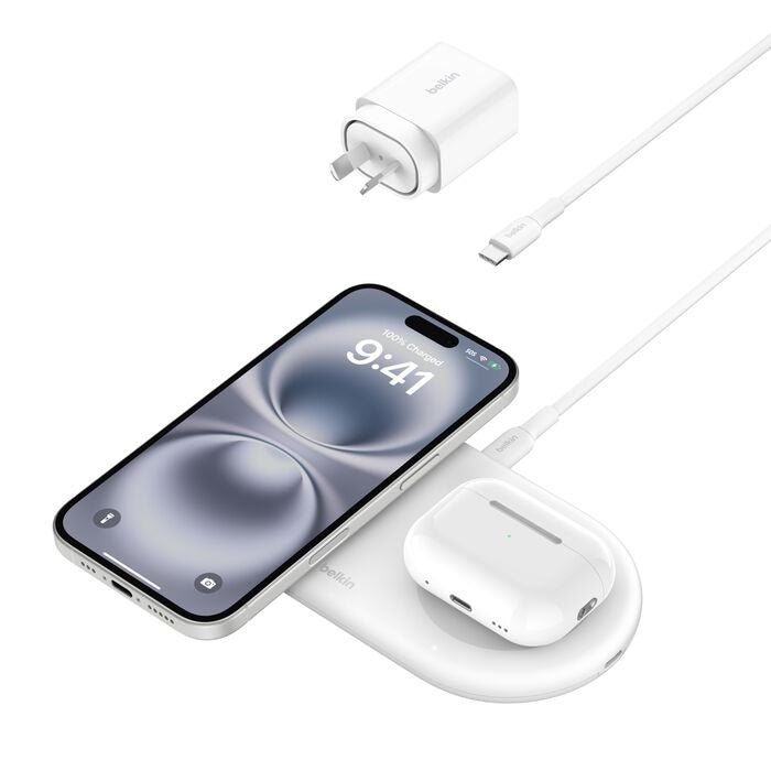 Belkin BoostCharge Pro 2-in-1 Magnetic Wireless Charging Pad w/ Qi2(15W)+30W Wall Charger+USB-C Cable(1.5M)-White(WIZ021auWH),$2500CEW,2-Year Warranty