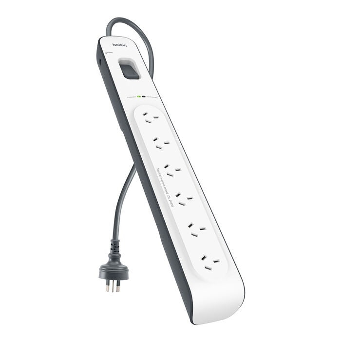 Belkin SurgeMaster 6-Outlet Surge Protection Strip with 2M Power Cord - White/Grey (BSV603au2M), 650 Joules Protection, CEW $30,000, 2 Years Warranty