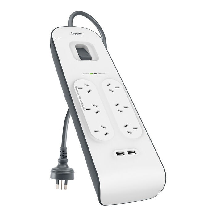 Belkin SurgePlus 6-Outlet Surge Protector With Dual USB Port 2.4 Amp-White(BSV604au2M),Heavy Duty 2M Power Cord,650 Joules,$30000 CEW,2 Years Warranty