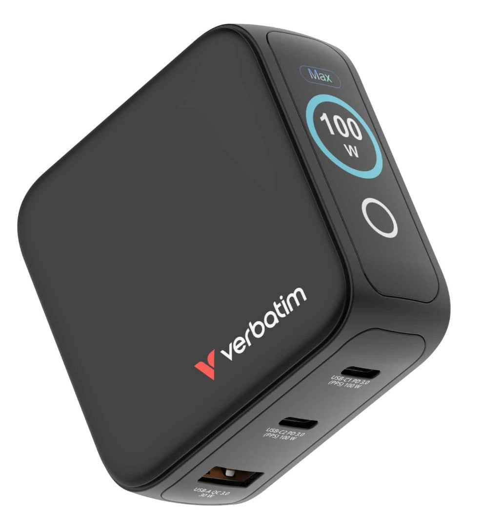 Verbatim Mini GaN Charger 100W with Display  Compact 3-port wall charger with USB-CÂ® Power Delivery and Quick Charge 3.0