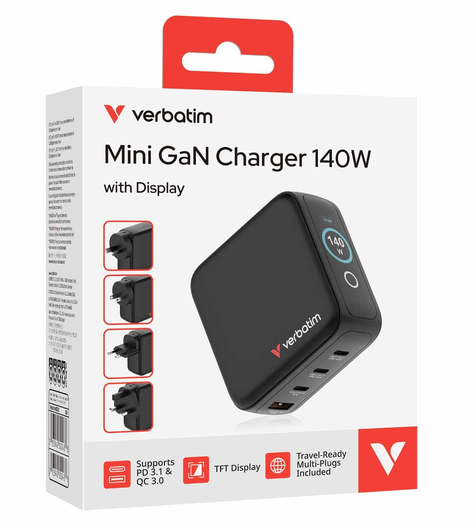 Verbatim Mini GaN Charger 140W with Display  Premium 4-port GaN wall charger with three USB-CÂ® and one USB-A port