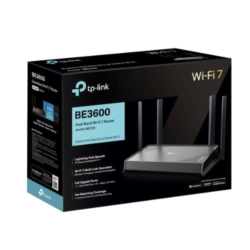 TP-Link Archer BE220 BE3600 Dual-Band Wi-Fi 7 Router(WIFI7) 688Mbps 2.4 GHz + 2882 Mbps  5 GHz,  4Ã— external Antennas, 2.0 GHz Quad-Core CPU