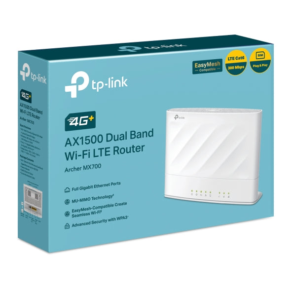 TP-Link Archer MX700 4G+ AX1500 Dual Band Wi-Fi LTE Router with Cat6 300 Mbps 4G+, AX1500 dual-band, nano SIM, 1Ã—WAN/LAN + 3Ã—LAN, and external antenna