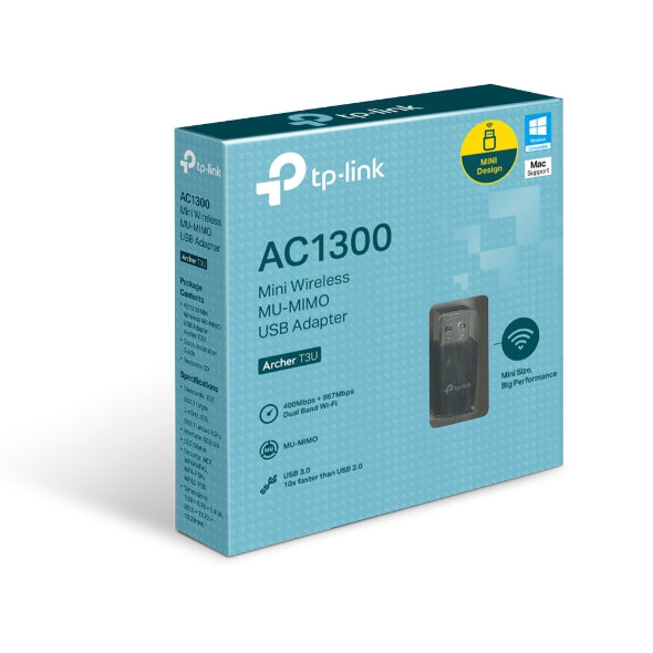 (CH)TP-Link Archer T3U AC1300 Mini Wireless MU-MIMO USB Adapterï¼ŒMini Size, 867Mbps at 5GHz + 400Mbps at 2.4GHz, USB 3.0
