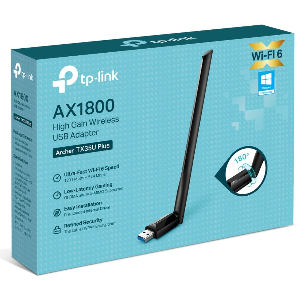 TP-Link Archer TX35U Plus AX1800 High Gain Wireless USB Adapter, 1201 Mbps at 5 GHz + 574 Mbps at 2.4 GHz, 1Ã— High Gain External Antenna, USB 3.0
FEA