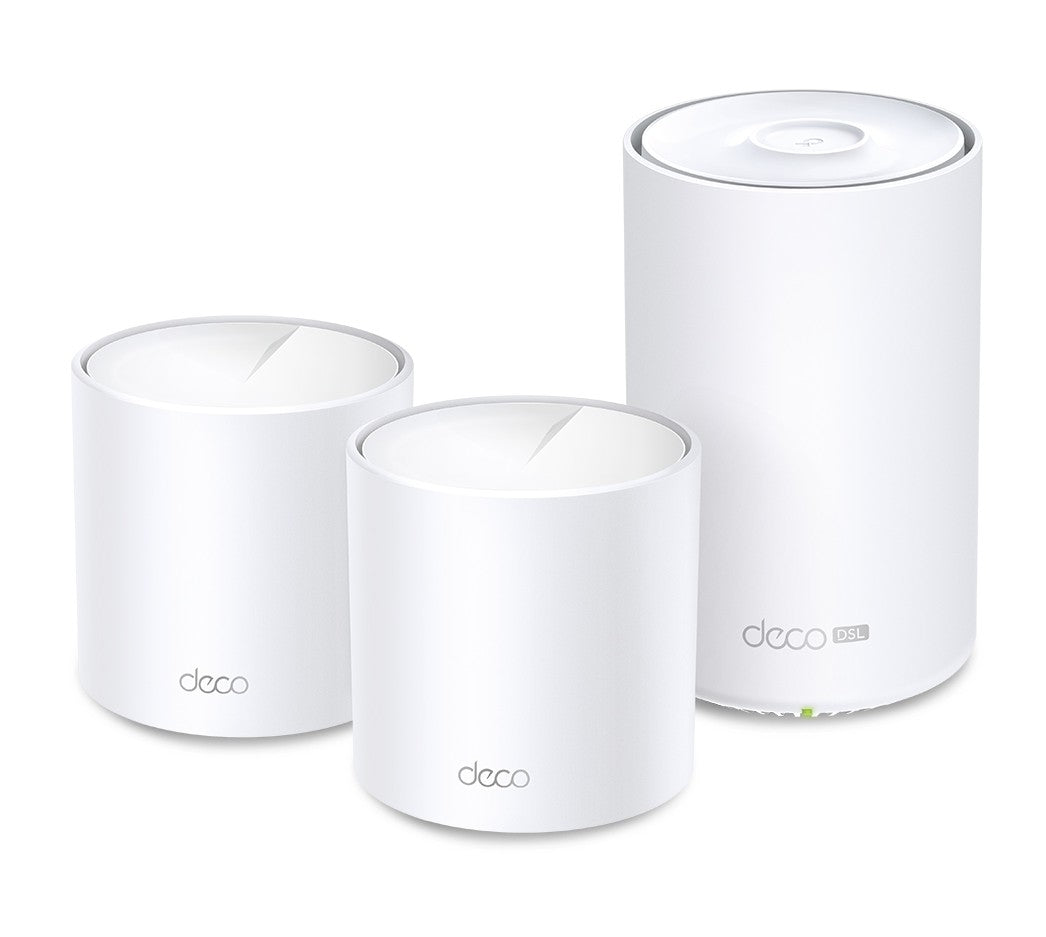 (E)TP-Link Deco X50-DSL(3-pack) AX3000 VDSL Whole Home Mesh WiFi 6 Router, 574 Mbps at 2.4 GHz + 2402 Mbps at 5 GHz, VDSL Profile 35b 350/60 Mbps